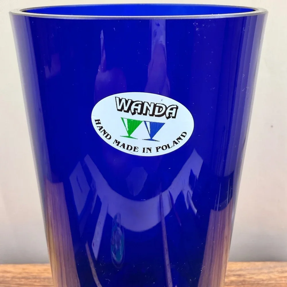 Wanda Poland Cobalt Blue Glass Lupine Etched Vase Tera Heyne Signed  12